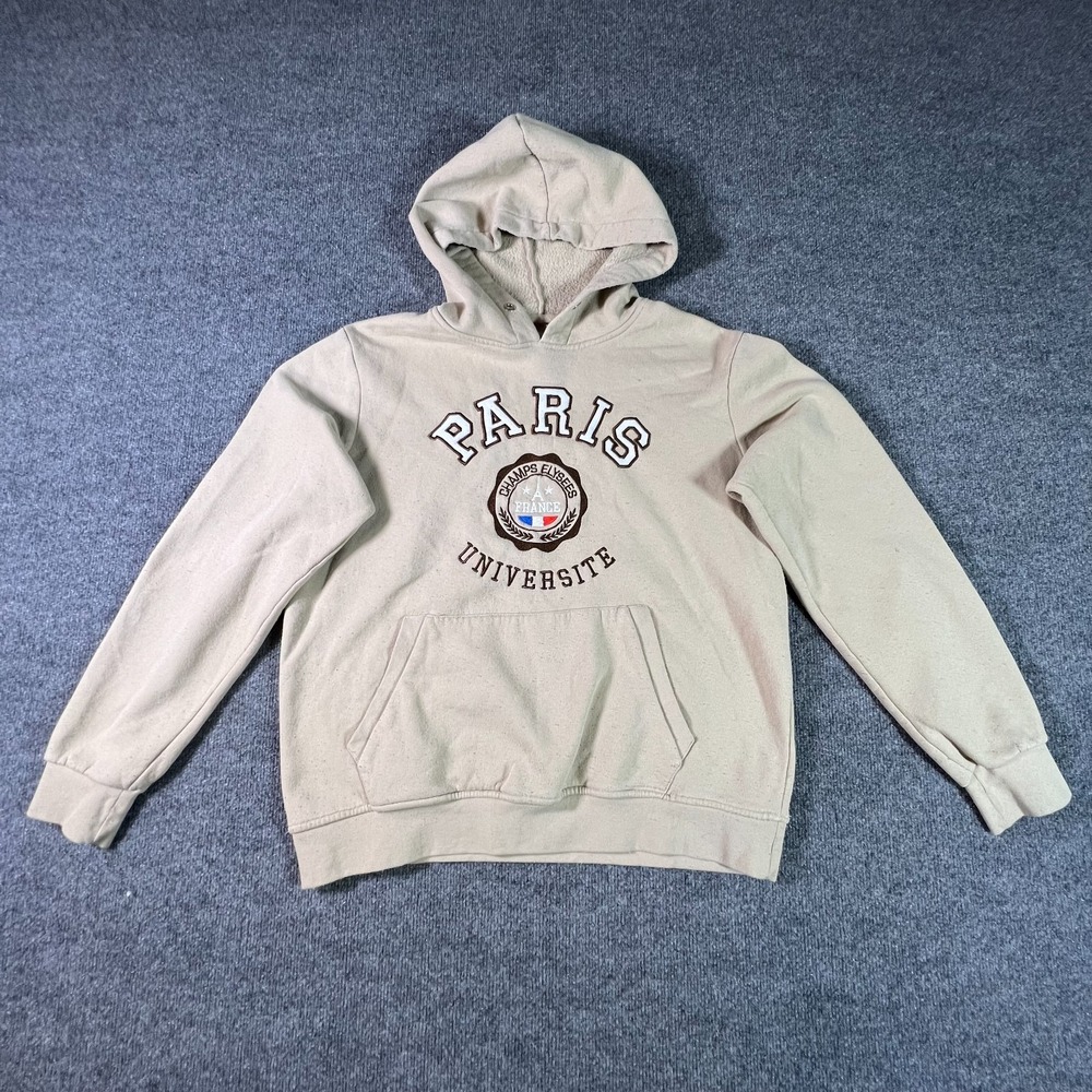 Paris Glam Hoodie Mens Large Beige Hooded French Design Universite Champs Preppy